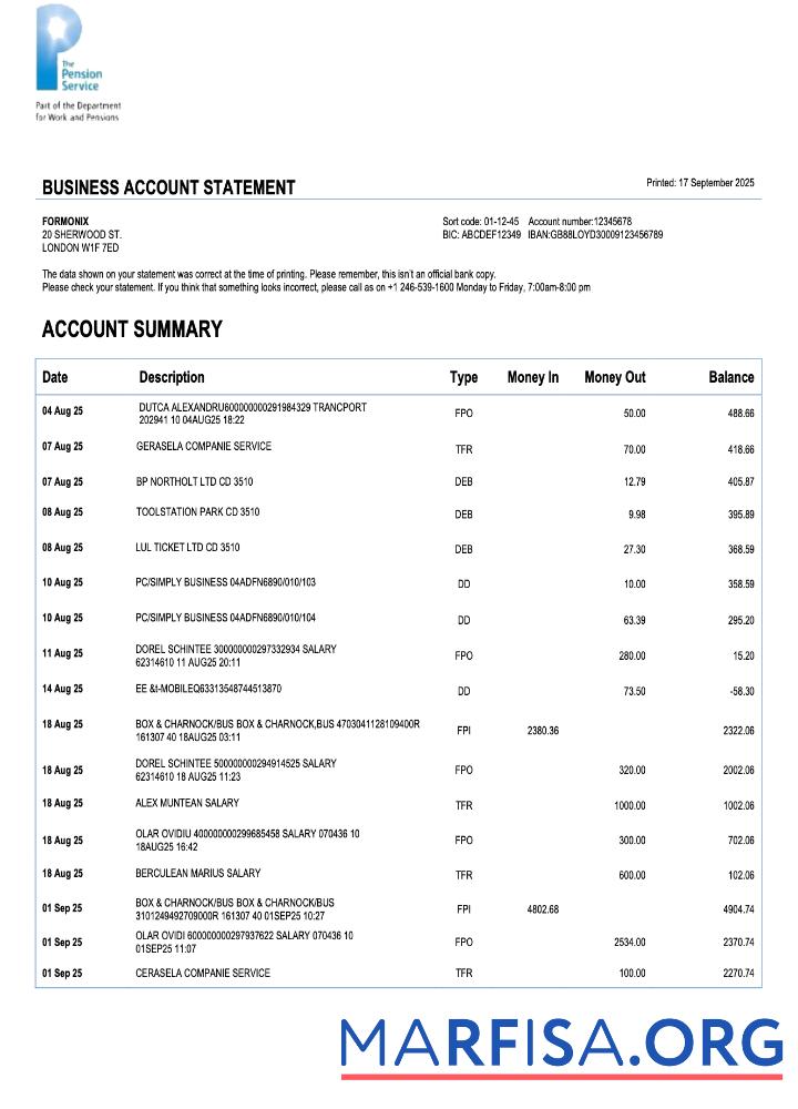 Realistic UK The Pension Service firm account statement Word and PDF template